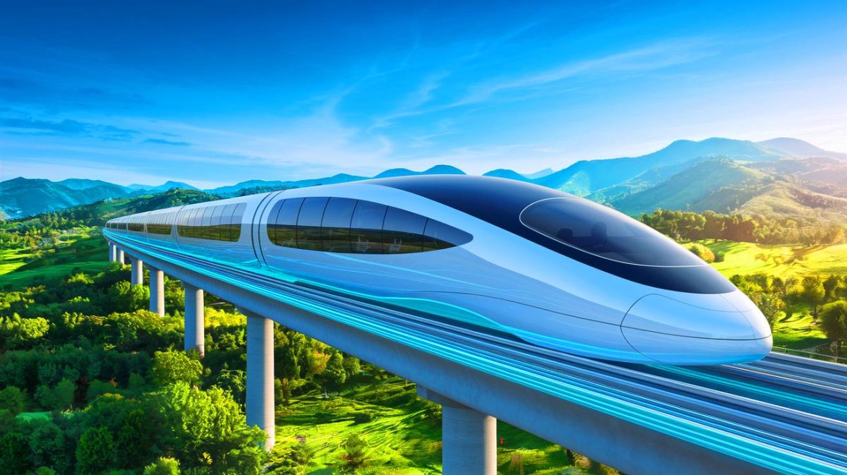 Illustration of a futuristic Chinese Hyperloop train traveling at airplane-like speeds (AI-generated, non-realistic illustration). Credit: Ideogram.