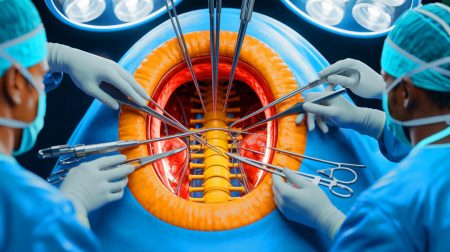 Illustration of a groundbreaking spinal tumor removal surgery through an eye socket (AI-generated, unrealistic). Credit: Ideogram.