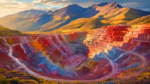 Illustration of a massive copper, gold, and silver deposit discovered in the Andes Mountains. Image generated by AI.