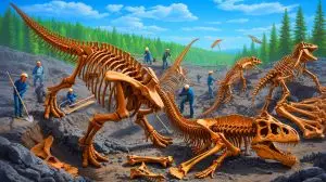 Illustration of a massive discovery of dinosaur bones in Alberta, Canada. Image generated by AI.