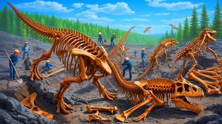 Illustration of a massive discovery of dinosaur bones in Alberta, Canada. Image generated by AI.