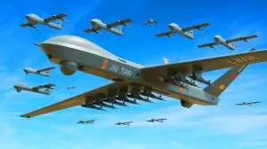 Illustration of the Jiu Tian drone carrier capable of deploying 100 drones over 4,500 miles. Image generated by AI.