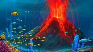 Illustration of Axial Seamount volcano's underwater eruption with marine life and seismic activity. Image generated by AI.