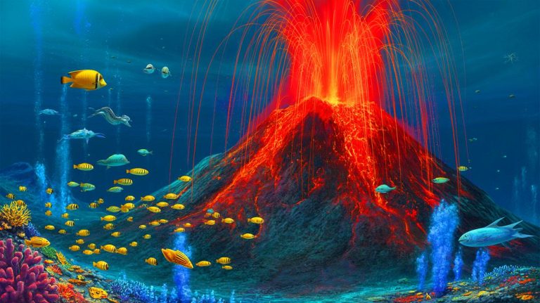 Illustration of Axial Seamount volcano's underwater eruption with marine life and seismic activity. Image generated by AI.