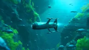 Illustration of the SG-1 Fathom autonomous underwater glider patrolling the ocean. Image generated by AI.