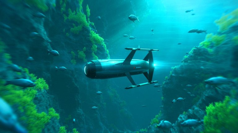 Illustration of the SG-1 Fathom autonomous underwater glider patrolling the ocean. Image generated by AI.