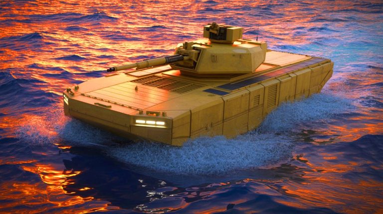 Illustration of the ACV-30 Amphibious Combat Vehicle equipped with a remote turret system (AI-generated, non-realistic illustration). Credit: Ideogram.