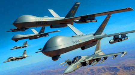 Illustration of the YFQ-42A and YFQ-44A Collaborative Combat Aircraft flying alongside crewed jets. Image generated by AI.