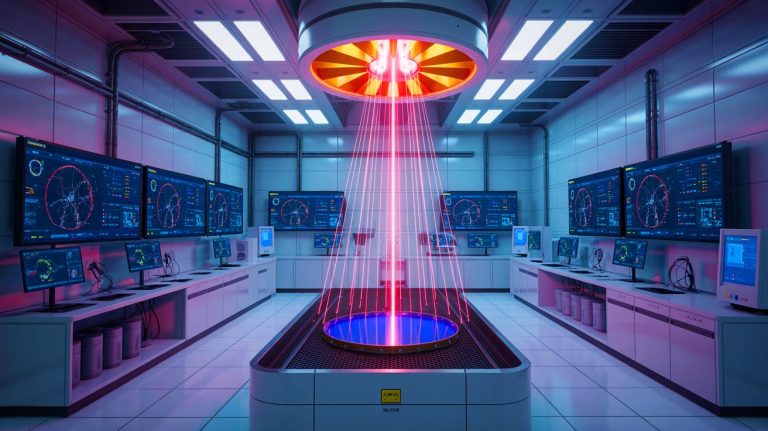 Illustration of the NIKE laser facility being used to simulate extreme conditions for nuclear weapons (AI-generated, unrealistic). Credit: Ideogram.