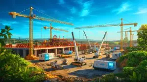 Illustration of hydrogen fuel cells powering a construction site. Image generated by AI.
