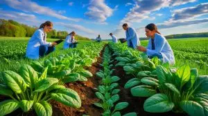 Illustration of researchers examining wild spinach varieties for resistance to Fusarium wilt. Image generated by AI.