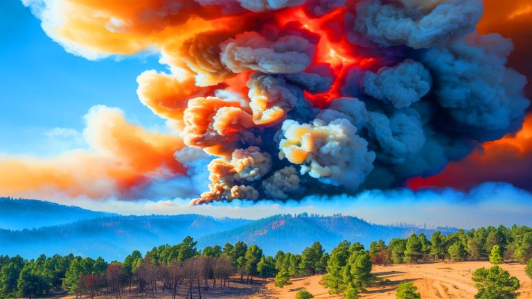 Illustration of wildfire smoke impacting air quality and health. Image generated by AI.