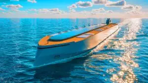 Illustration of the world's largest electric ship setting sail with its massive battery capacity and eco-friendly design (AI-generated, unrealistic). Credit: Ideogram.