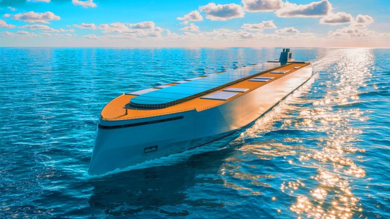 Illustration of the world's largest electric ship setting sail with its massive battery capacity and eco-friendly design (AI-generated, unrealistic). Credit: Ideogram.