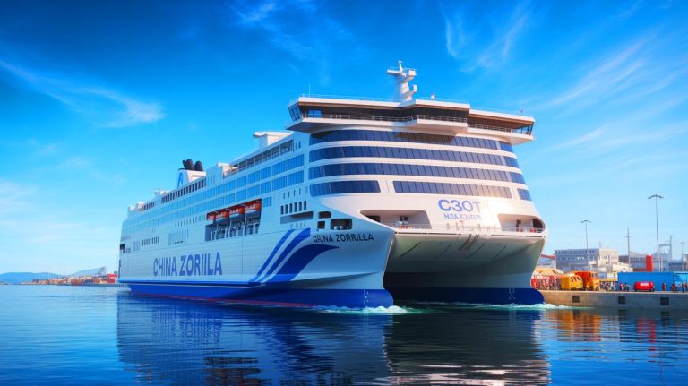 Illustration of the world's largest battery electric passenger ferry, the China Zorrilla, launched by Tasmania's Incat (AI-generated, non-realistic illustration). Credit: Ideogram.