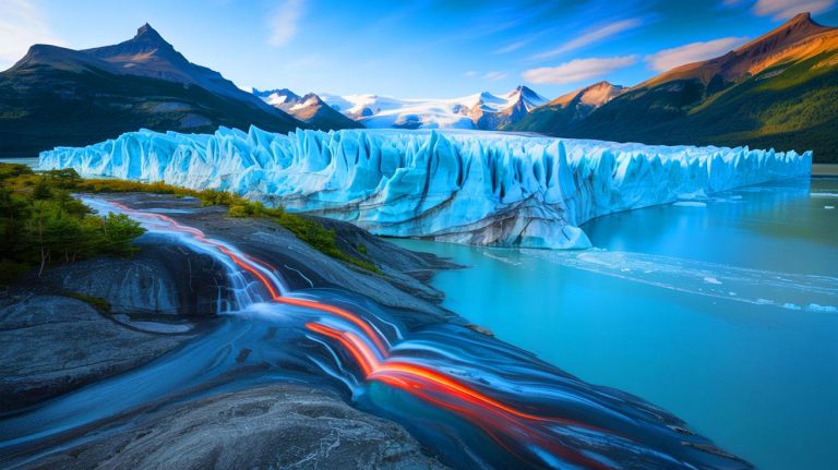Illustration of the destabilizing effects of climate change on glaciers. Image generated by AI.