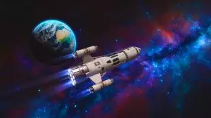 Illustration of a nuclear-powered spacecraft traveling through space. Image generated by AI.