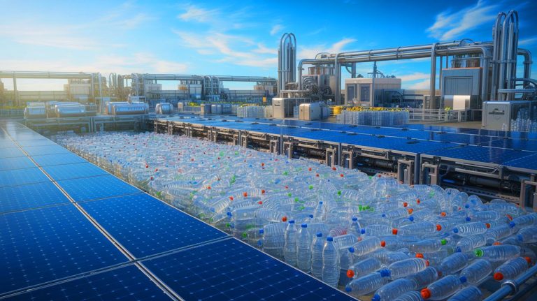 Illustration of transforming plastic waste into clean hydrogen fuel using sunlight. Image generated by AI.