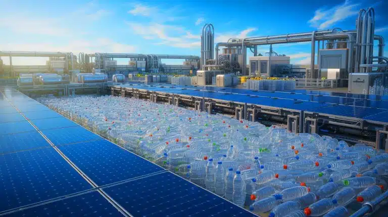 Illustration of transforming plastic waste into clean hydrogen fuel using sunlight. Image generated by AI.
