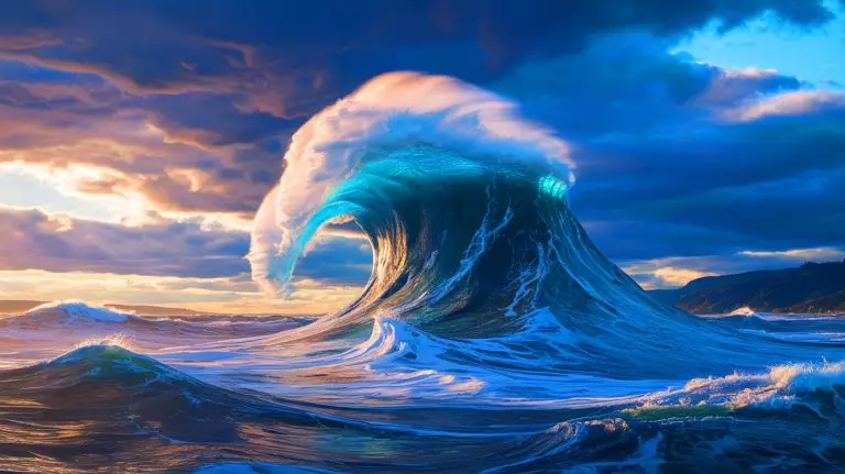 Illustration of a colossal rogue wave off the coast of Vancouver Island. Image generated by AI.