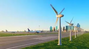 Illustration of mini wind turbines capturing energy from airplane turbines at Dallas Airport. Image generated by AI.