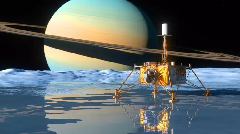 Illustration of NASA's robotic mission to explore Saturn's moon Enceladus. Image generated by AI.