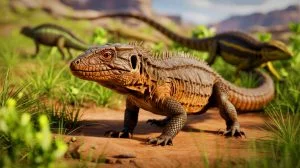 Illustration of Bolg amondol, a raccoon-sized armored lizard from the Late Cretaceous period. Image generated by AI.