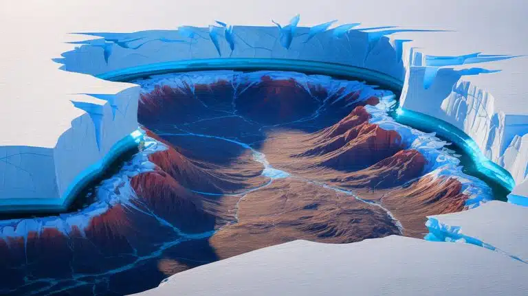 Illustration of the hidden ancient mountains beneath Antarctica's ice. Image generated by AI.