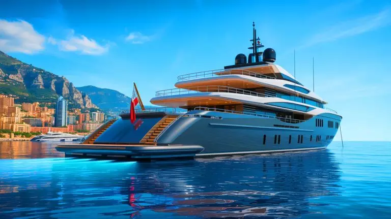 Illustration of Jeff Bezos' megayacht Koru anchored offshore due to docking restrictions in Monaco. Image generated by AI.