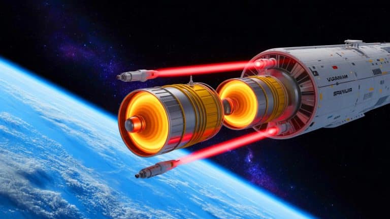 “Half the Time to Mars”: This Spinning Liquid Uranium Engine Could Redefine Deep Space Travel for Future Missions Illustration of a revolutionary nuclear propulsion system utilizing rotating liquid uranium for space exploration. Image generated by AI.