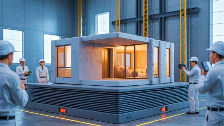 Illustration of a 3D-printed home being tested for earthquake safety. Image generated by AI.