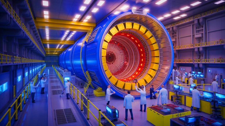 Illustration of the High-Luminosity Large Hadron Collider test facility with superconducting magnets. Image generated by AI.