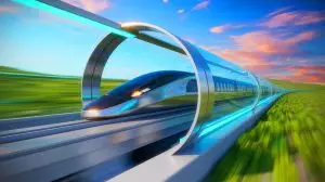 Illustration of a futuristic vacuum-tube maglev train powered by AI-controlled suspension technology. Image generated by AI.