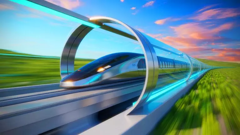 Illustration of a futuristic vacuum-tube maglev train powered by AI-controlled suspension technology. Image generated by AI.