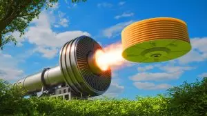 Illustration of satellites stacked like pancakes ready for launch using a centrifugal cannon. Image generated by AI.