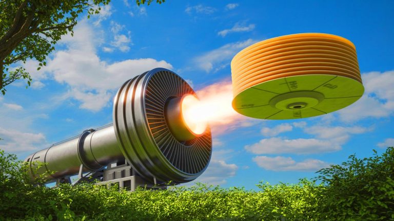 Illustration of satellites stacked like pancakes ready for launch using a centrifugal cannon. Image generated by AI.