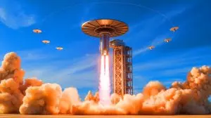 Illustration of a giant spinning cannon launching pancake-like microsatellites into space. Image generated by AI.