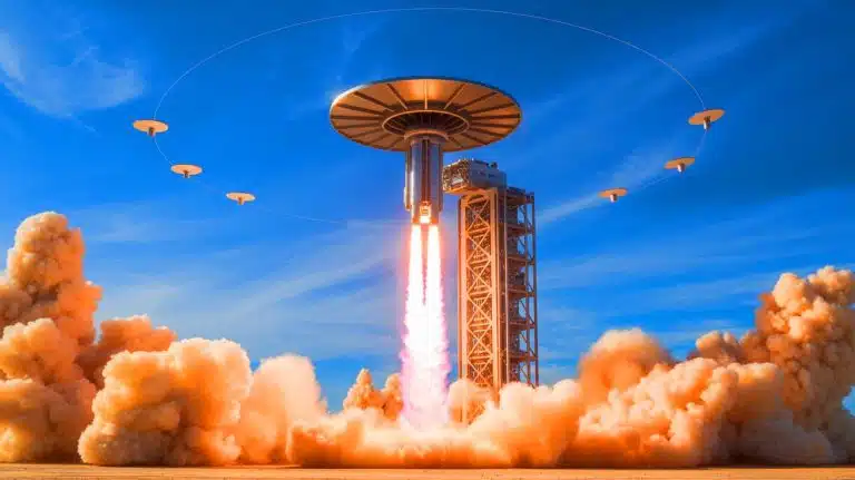 Illustration of a giant spinning cannon launching pancake-like microsatellites into space. Image generated by AI.