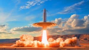 Illustration of SpinLaunch's centrifugal launch system deploying microsatellites into low-Earth orbit. Image generated by AI.
