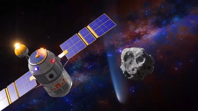 Illustration of China's Tianwen-2 mission en route to collect samples from asteroid Kamoʻoalewa. Image generated by AI.