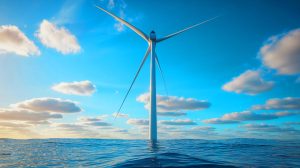 Illustration of the world's largest wind turbine built in China, standing at 607 feet and producing 26 megawatts of power. Image generated by AI.