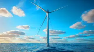 Illustration of the world's largest wind turbine built in China, standing at 607 feet and producing 26 megawatts of power. Image generated by AI.