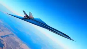 Illustration of a hypersonic aircraft designed to travel around the world in two hours. Image generated by AI.