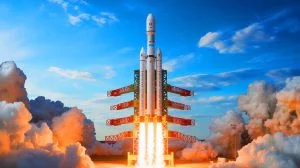 Illustration of the Zhuque-3 rocket during a static fire test at the Dongfeng Commercial Space Innovation Test Zone. Image generated by AI.