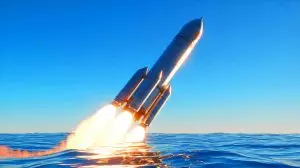 Illustration of Space Epoch's Yanxinghe-1 rocket booster performing an ocean soft-landing. Image generated by AI.