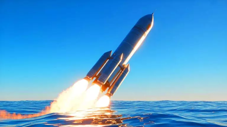 Illustration of Space Epoch's Yanxinghe-1 rocket booster performing an ocean soft-landing. Image generated by AI.