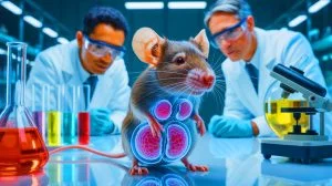Illustration of human cells growing within mouse organs for chimera research. Image generated by AI.