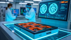 Illustration of advanced nano-CT technology analyzing lithium-ion battery defects. Image generated by AI.