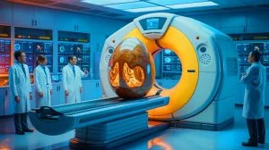 Illustration of a CT scan revealing the internal structure of a dinosaur egg. Image generated by AI.