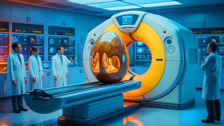 Illustration of a CT scan revealing the internal structure of a dinosaur egg. Image generated by AI.